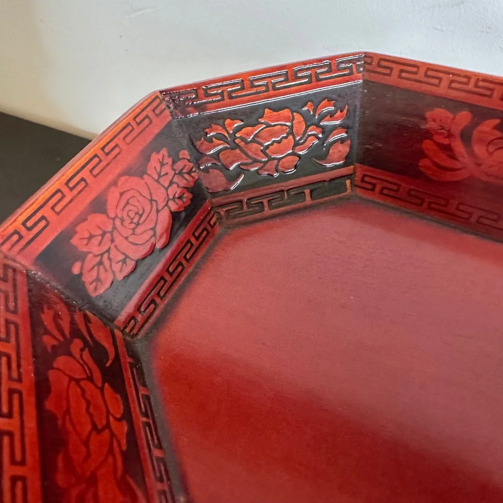 VTG Korean Red Lacquer Nesting Trays 6pc Set Octagon Carved Floral Asian Decor